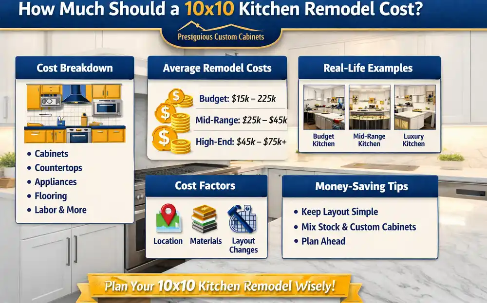 10x10 kitchen remodel cost infographic showing budget, mid-range, and luxury pricing with cost breakdown and money-saving tips