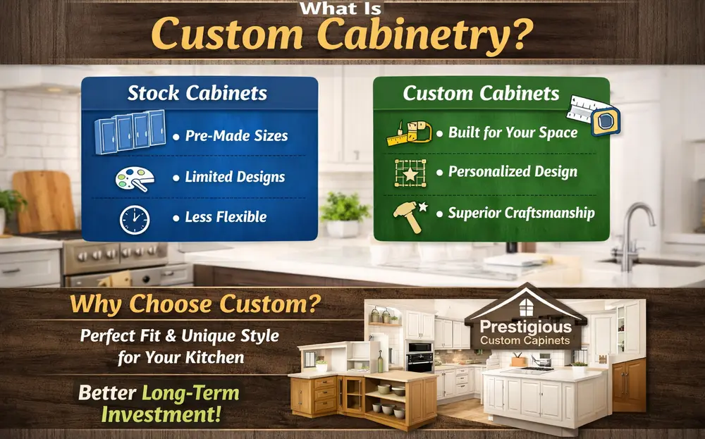 Infographic comparing Stock Cabinets and Custom Cabinets, highlighting key benefits of custom cabinetry such as personalized design, superior craftsmanship, and better space utilization, featuring Prestigious Custom Cabinets branding.