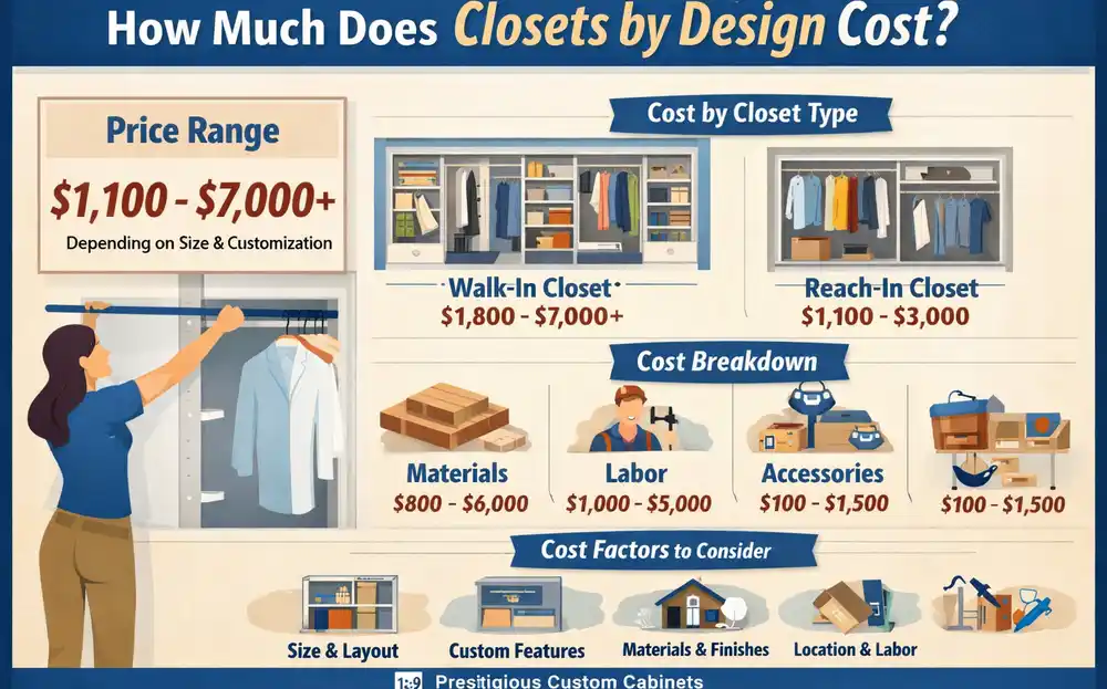 How much does Closets by Design cost infographic showing price range $1,100 to $7,000+, walk-in and reach-in closet costs, cost breakdown, and key pricing factors
