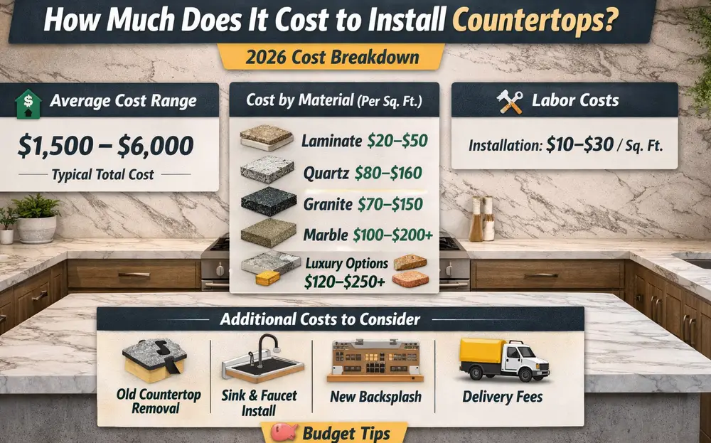 How much does it cost to install countertops infographic showing $1,500–$6,000 average cost, material prices, and labor cost breakdown