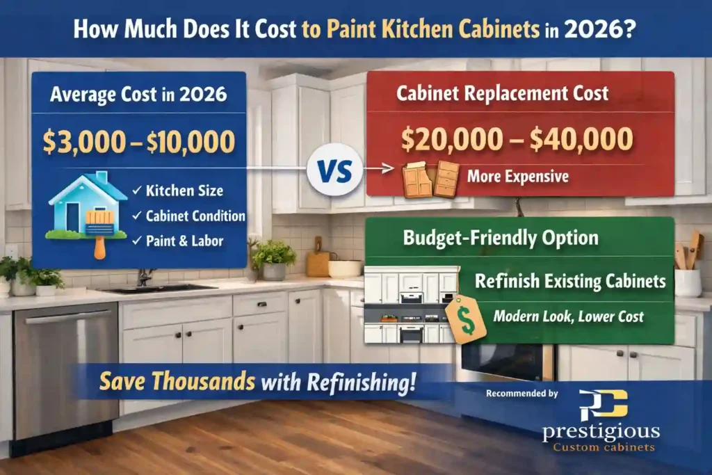 Infographic showing how much it costs to paint kitchen cabinets in 2026, comparing $3,000–$10,000 cabinet painting cost vs $20,000–$40,000 cabinet replacement cost.