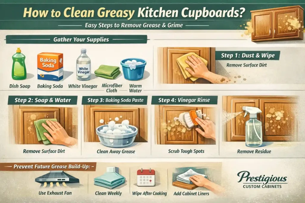 Infographic showing step-by-step methods on how to clean greasy kitchen cupboards using dish soap, baking soda, vinegar, and simple cleaning tools.