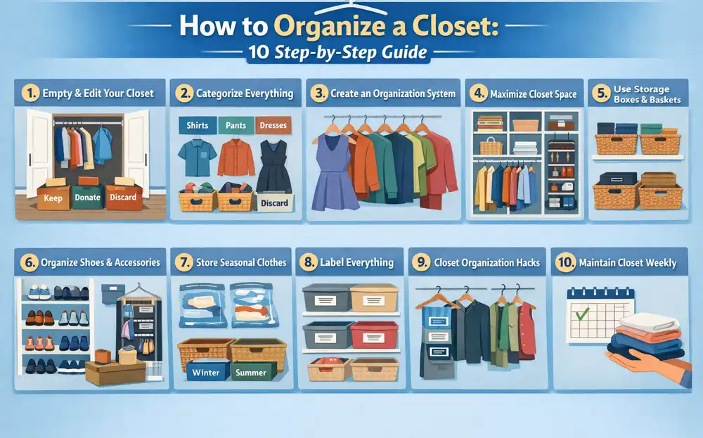 Infographic showing how to organize a closet in 10 simple steps including decluttering, categorizing clothes, maximizing space, using storage boxes, organizing shoes, labeling items, and maintaining the closet weekly.