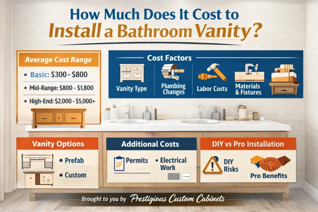Infographic showing bathroom vanity installation cost in 2026, including price ranges, labor cost, plumbing cost, materials, and DIY vs professional installation breakdown with Prestigious Custom Cabinets branding.
