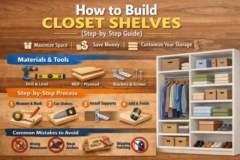 How to build closet shelves step-by-step infographic showing tools, materials, installation process, and common mistakes