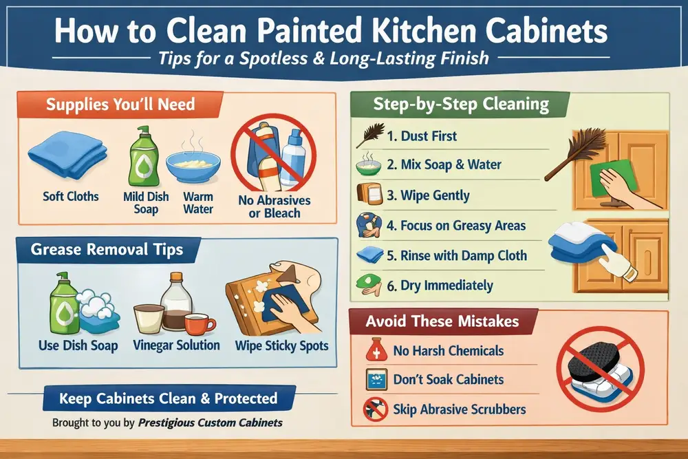 Infographic showing step-by-step guide on how to clean painted kitchen cabinets, including supplies needed, cleaning process, grease removal tips, and common mistakes to avoid, with branding from Prestigious Custom Cabinets.